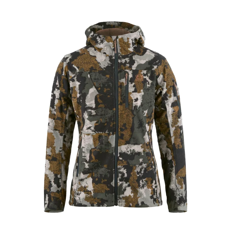 MANTEAU DE CHASSE CONNEC BIOME FEMME : veste de chasse à capuche, avec un motif camouflage marron, gris et noir, et une fermeture éclair sur toute la longueur à l'avant.