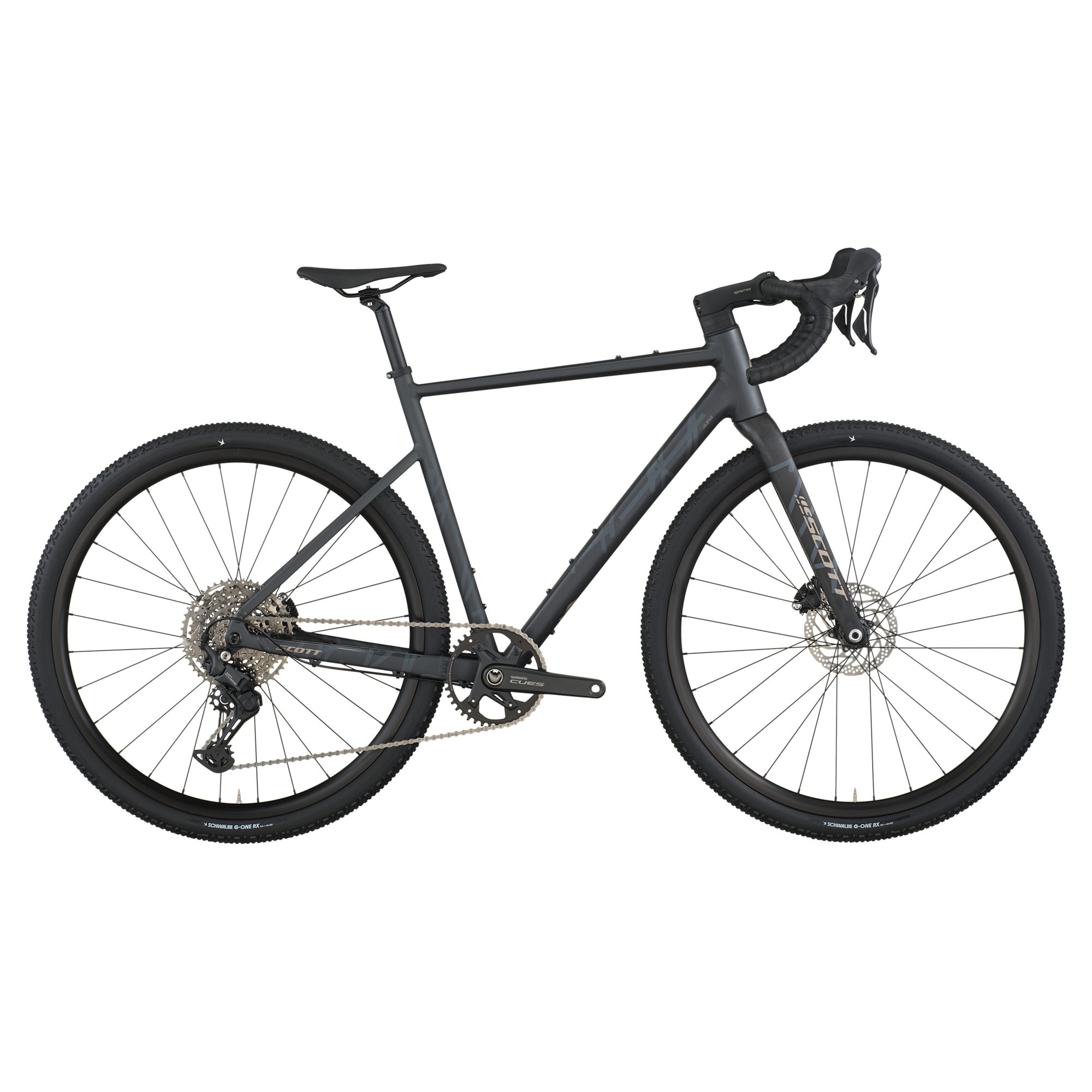 Vue de profil du SPEEDSTER GRAVEL 30, un vélo de gravel noir mat équipé d'un guidon courbé, de pneus à crampons épais, de freins à disque et d'un cadre aux lignes épurées, sur fond blanc.