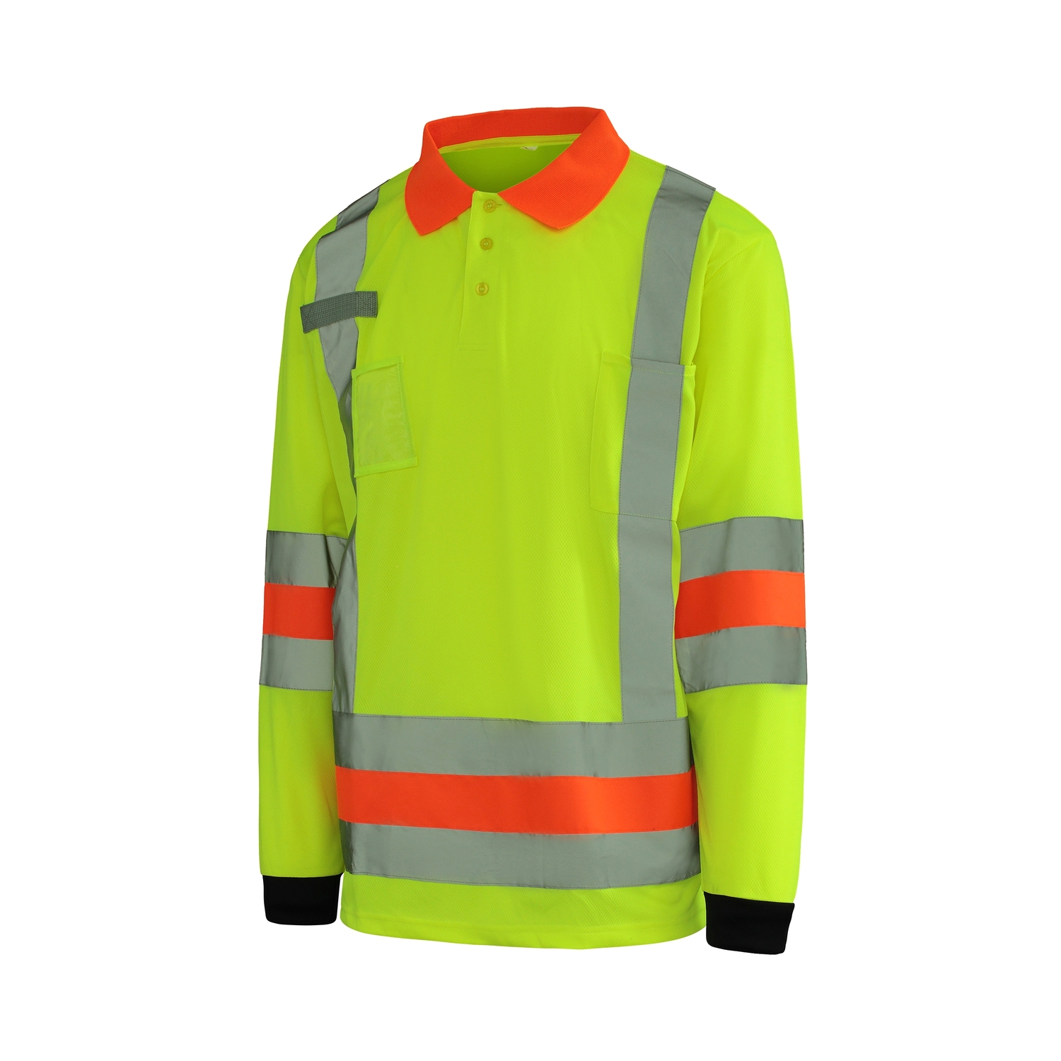 T-shirt jaune haute visibilité à manches longues avec col rouge, bandes réfléchissantes grises et bandes orange sur les bras et le torse. Il possède une poche poitrine et des poignets noirs.
