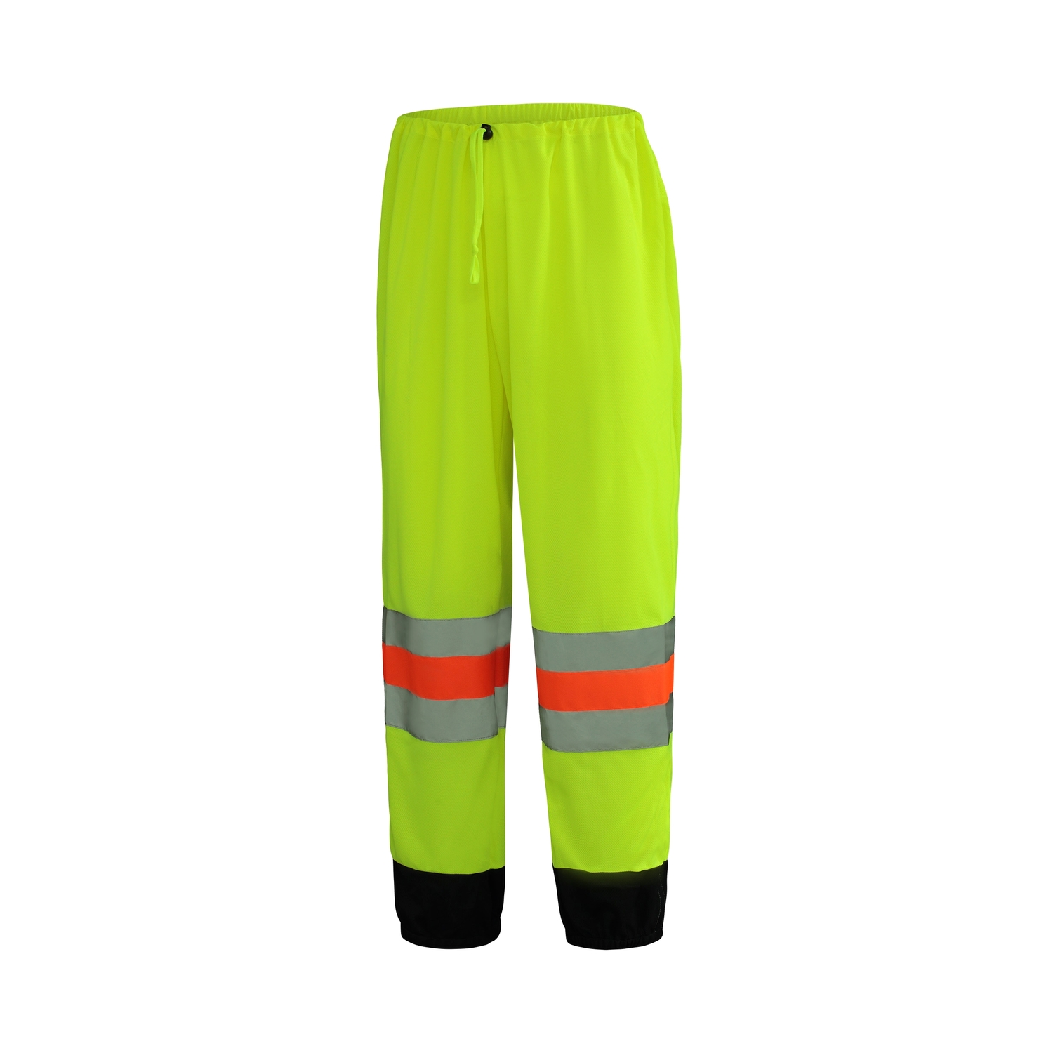 Pantalon de travail haute visibilité jaune vif avec bandes réfléchissantes grises et orange autour du bas des jambes et tissu noir aux chevilles, présenté sur un fond blanc uni.