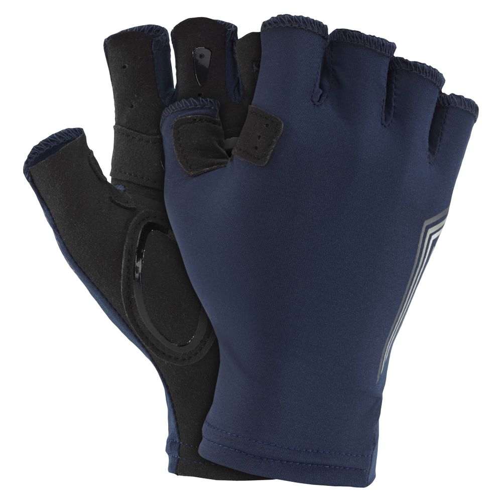 Une paire de gants sans doigts GANTS NAUTIQUES BOATERS POUR HOMME, dont l'un présente une paume rembourrée noire et l'autre un dos bleu marine rehaussé de détails réfléchissants.