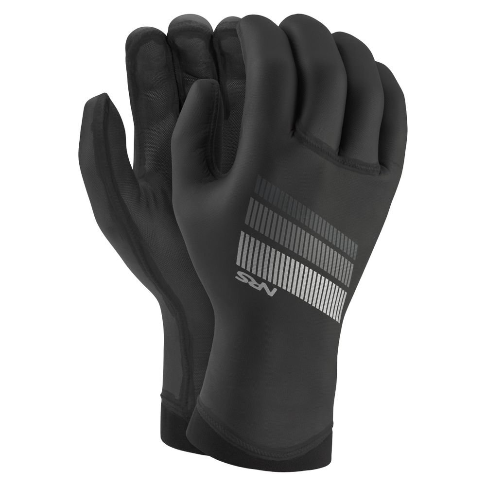 Une paire de gants MAVERICK en néoprène noir, ornés de rayures grises et du logo « NRS » au dos, présentés de manière à ce que la paume d’un gant soit tournée vers le haut et celle de l’autre vers le bas.