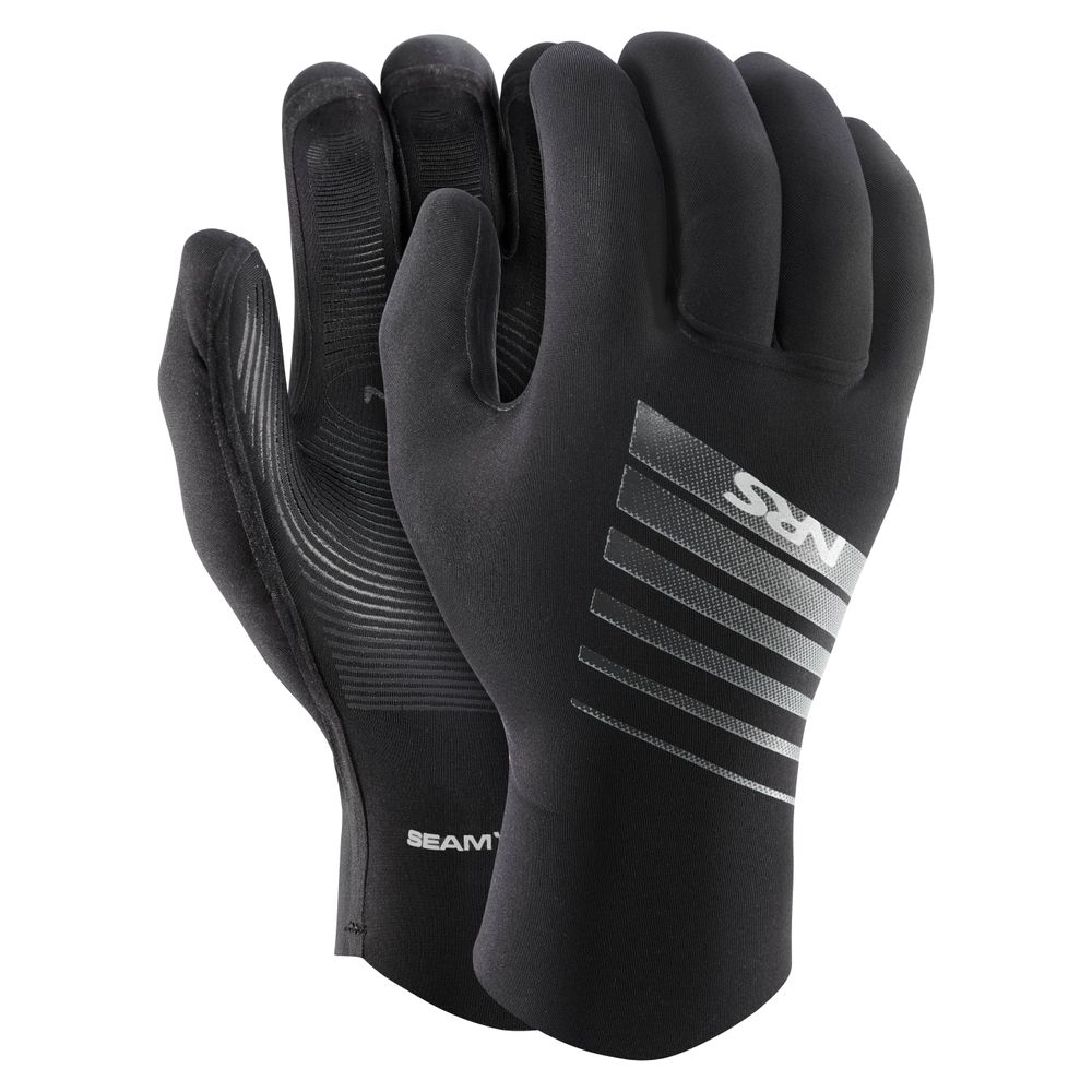 Les GANTS NAUTIQUE NRS CATALYST sont des gants en néoprène noir dotés de renforts antidérapants sur la paume et de bandes argentées « NRS » au dos, conçus pour les sports nautiques et les conditions de froid.