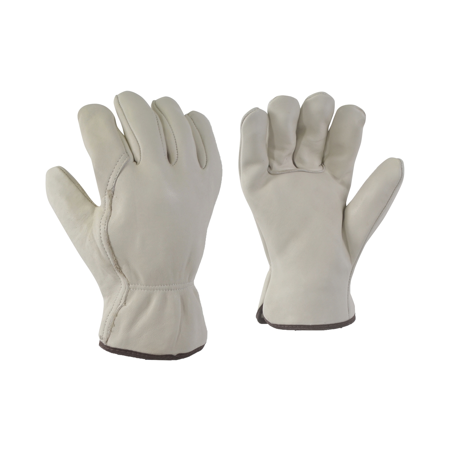 Une paire de gants de travail en cuir gris clair, présentés avec un gant montrant le côté paume et l'autre montrant le côté arrière, tous deux avec une bordure marron aux poignets.