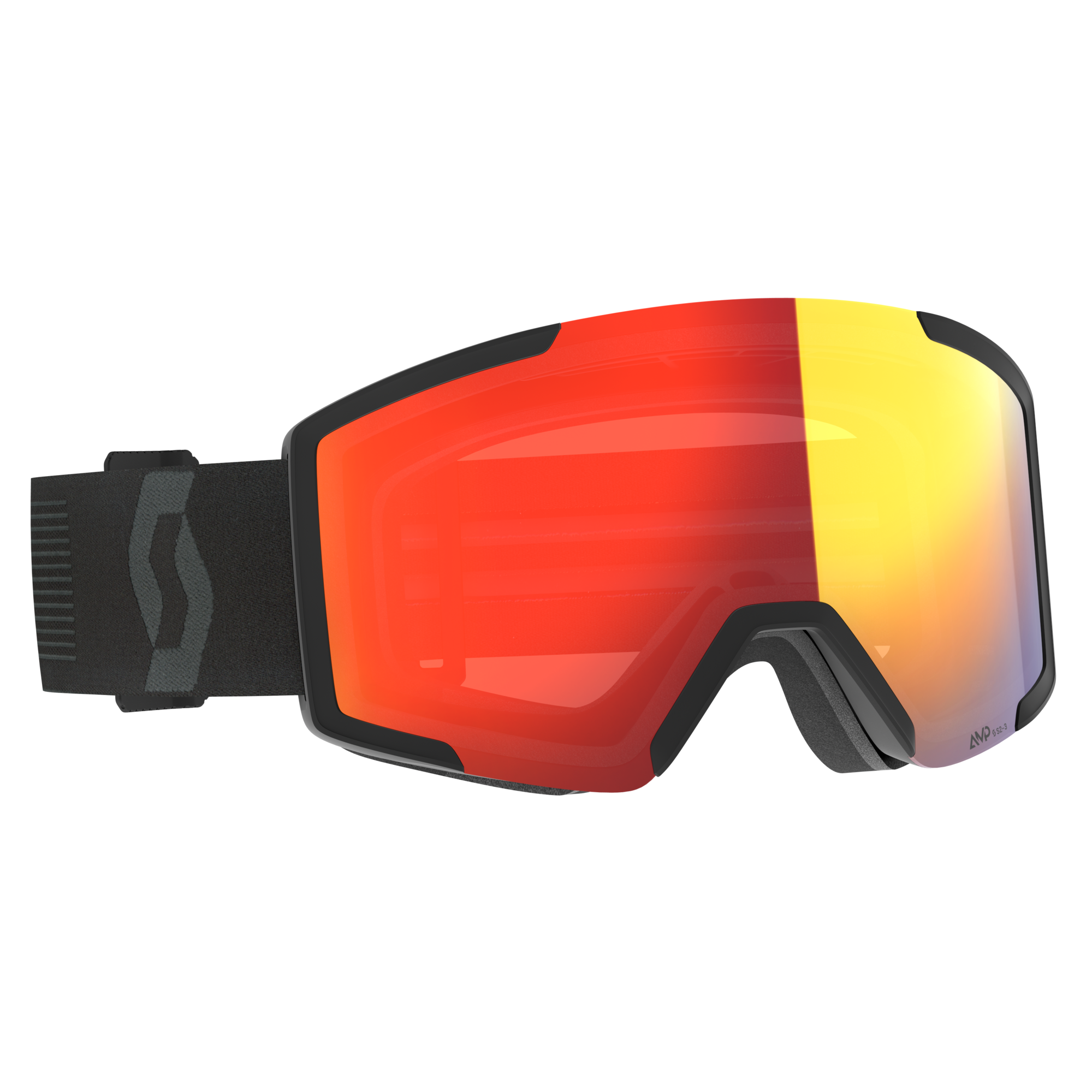 Une paire de lunettes de ski avec une monture noire et une sangle réglable. La lentille est teintée dans un dégradé de rouge à jaune, offrant une surface réfléchissante. La sangle du masque présente un logo stylisé.