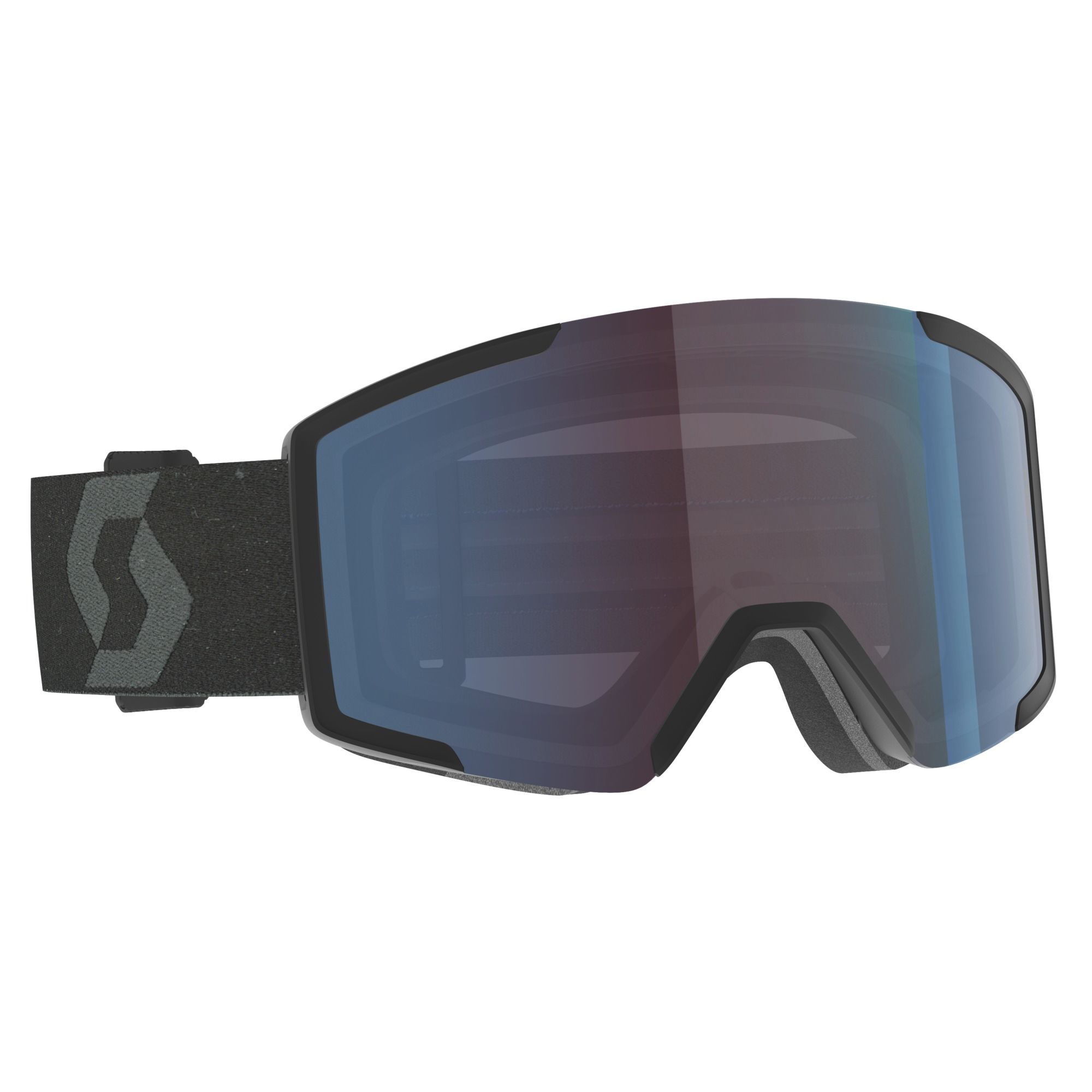 Une paire de lunettes de ski noires avec des verres teintés et une sangle réglable noire ornée d'un logo « S » stylisé. Les verres ont une surface réfléchissante avec une teinte bleue et la monture a un design élégant et moderne.