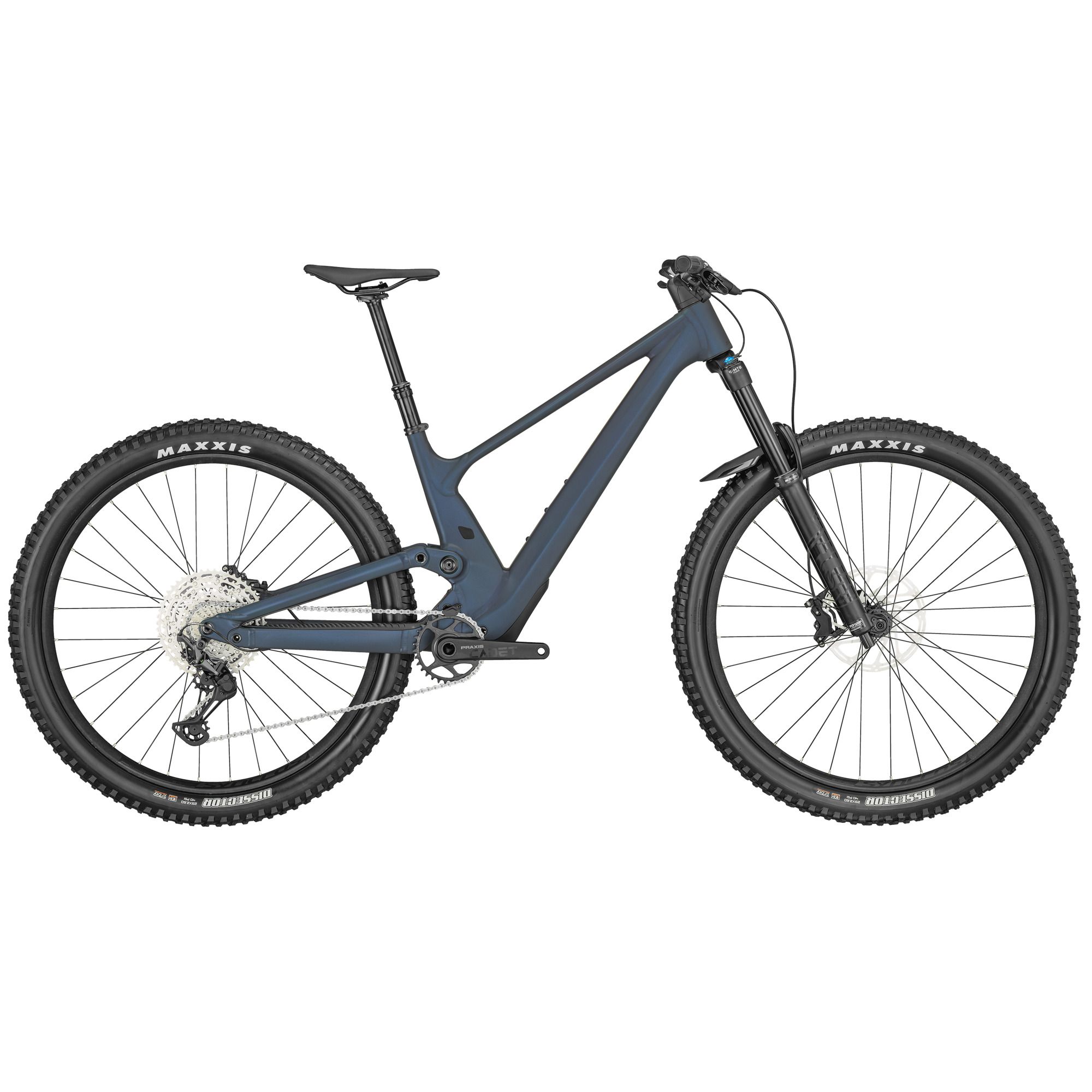 Le SCOTT GENIUS 930 (Large) est un VTT moderne à suspension totale, doté d'un cadre bleu foncé mat, de pneus épais à crampons, de freins à disque et d'un tube supérieur incliné. Il est présenté de profil sur un fond blanc uni.
