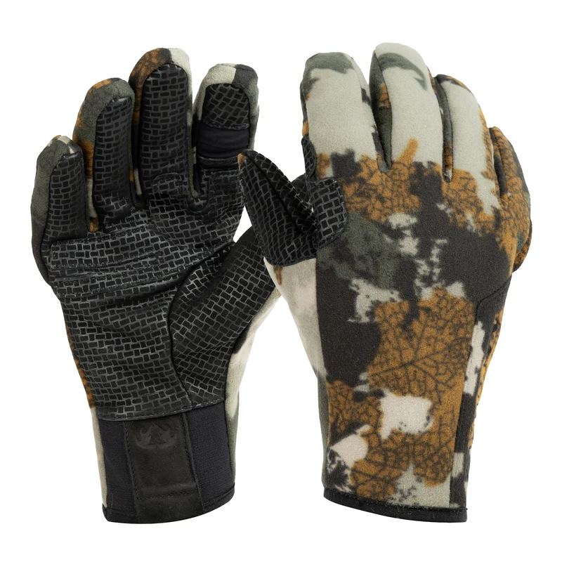 Gants de chasse GANTS ANTICOSTI II, dotés d'un motif camouflage marron et beige et d'une paume texturée noire offrant une bonne adhérence.