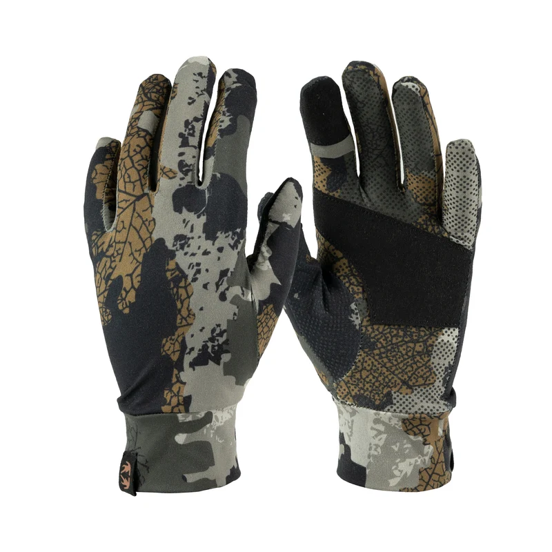 GANTS CONNEC LEGER : gants légers au motif camouflage orné de feuilles, présentés vus de dos et de la paume.