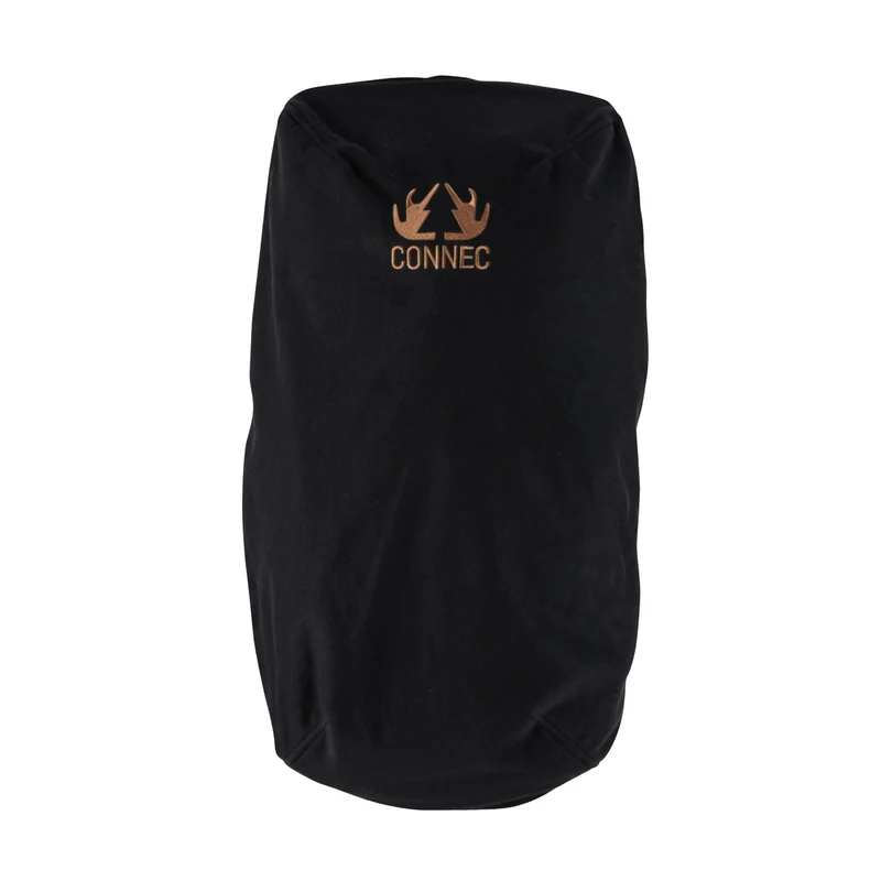 Housse de sac à dos rectangulaire noire « COUVRE SAC RADAR RÉVERSIBLE », ornée sur le devant d'un logo beige représentant deux bois de cerf et du mot « CONNEC ».