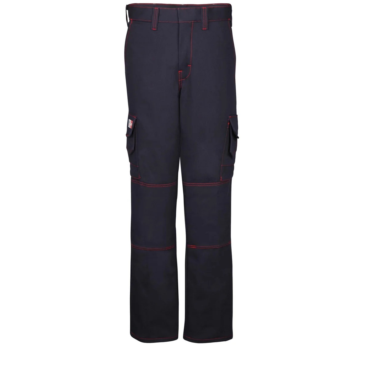 PANTALON CARGO AR/FR WESTEX GENOUX, bleu marine foncé, avec des surpiqûres rouges, de nombreuses poches et des passants de ceinture, présenté sur fond blanc.