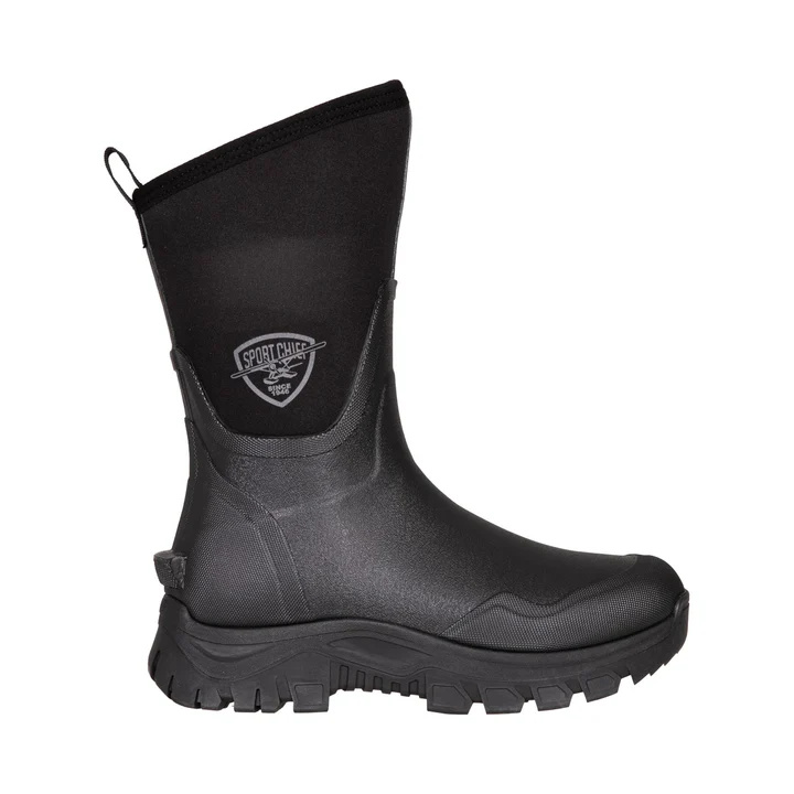 La BOTTE DE CHASSE SPORTCHIEF MID INTERCEPTOR POUR HOMME est une botte imperméable noire avec une semelle robuste et texturée et un logo latéral, parfaite pour l'extérieur ou le travail.