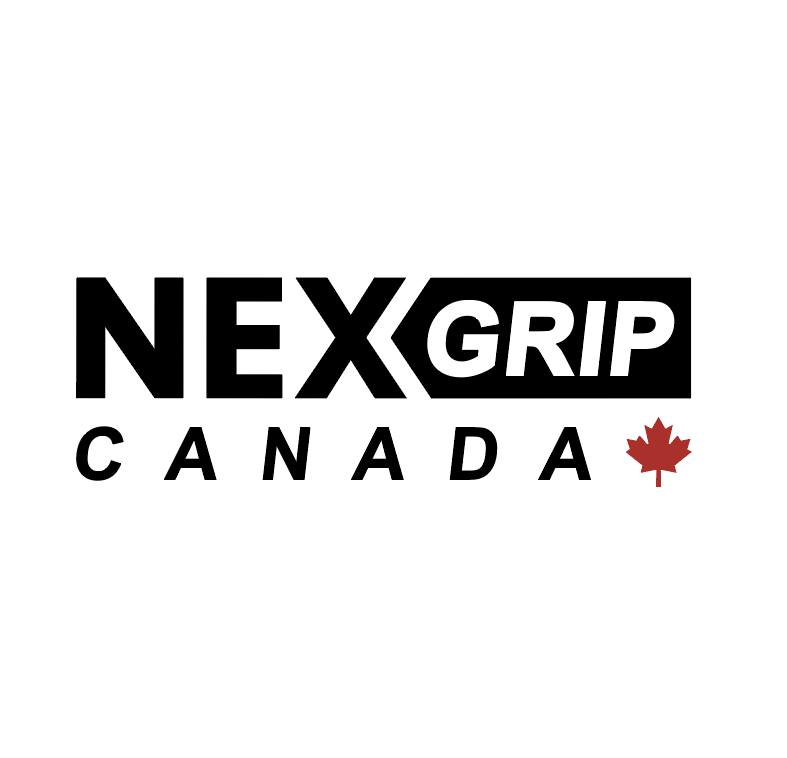 Logo NEXGRIP Canada avec "NEXGRIP" en caractères gras noirs et blancs au-dessus de "CANADA" en lettres noires, avec une petite feuille d'érable rouge à la fin, le tout sur fond blanc.