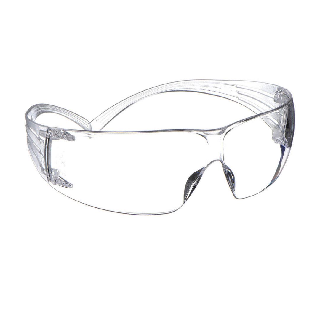 Lunettes de sécurité transparentes avec verres transparents enveloppants et branches incurvées, conçues pour la protection des yeux dans les environnements de travail ou de laboratoire, présentées sur fond blanc.