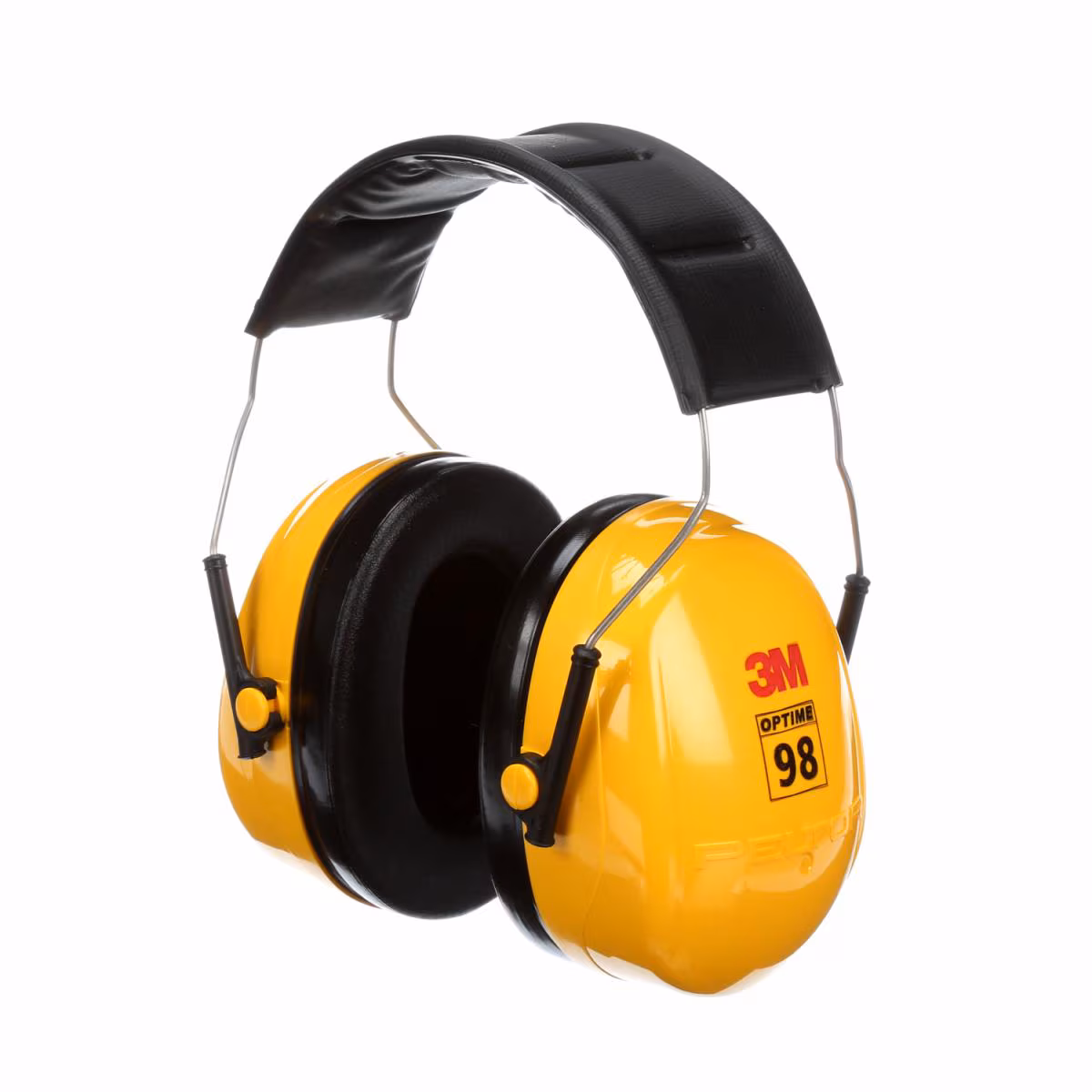 Casque antibruit 3M jaune avec rembourrage noir et serre-tête noir réglable, conçu pour la protection auditive. Le numéro de modèle « 98 » est visible sur le côté d'un écouteur.