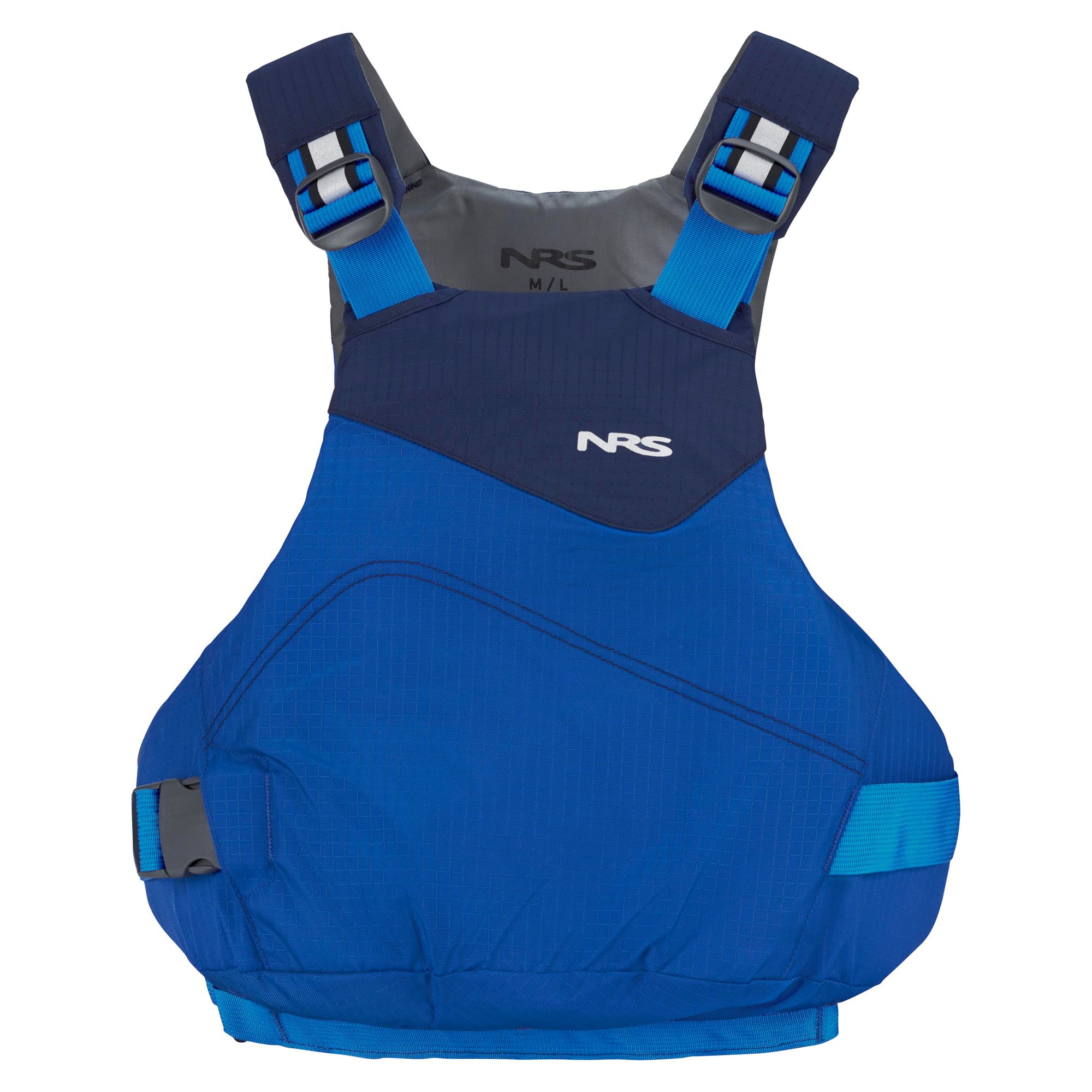 Le gilet de sauvetage VAPOR PFD est un gilet de sauvetage NRS bleu et bleu marine, doté de bretelles réglables et d'une poche avant, conçu pour assurer la sécurité lors de la pratique des sports nautiques.