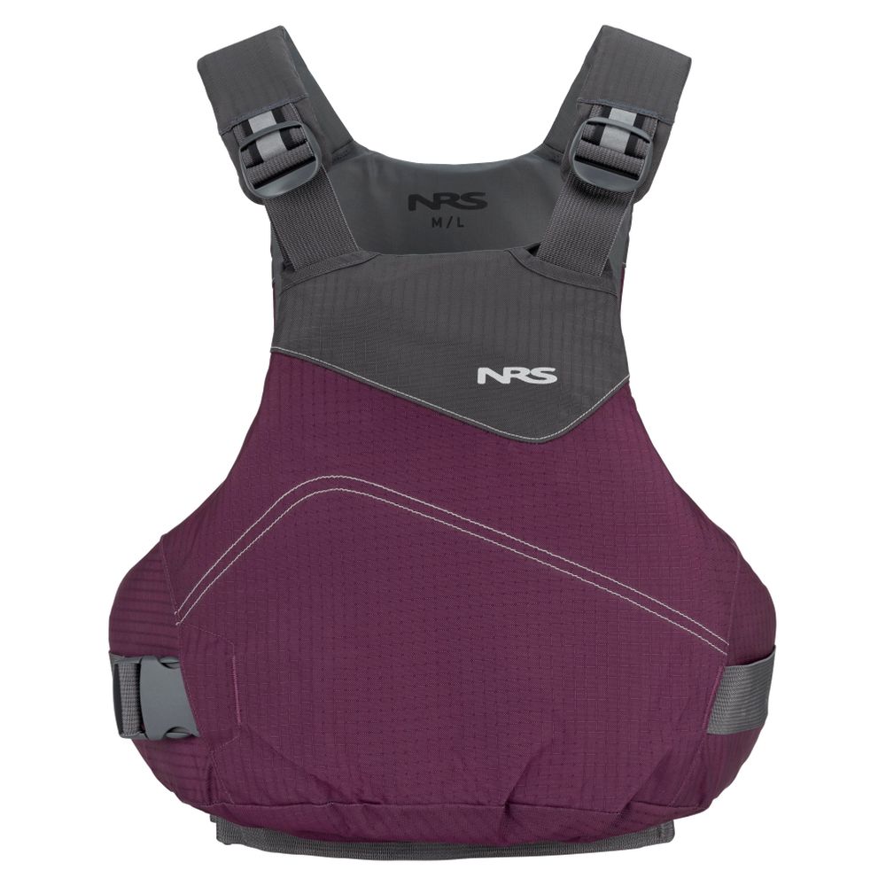 Le gilet de sauvetage VAPOR PFD de NRS, de couleur bordeaux et grise, est doté de sangles réglables au niveau des épaules et sur les côtés, de boucles à l'avant et d'un logo « NRS » sur la poitrine. Il est conçu pour assurer la sécurité aquatique et la flottabilité.