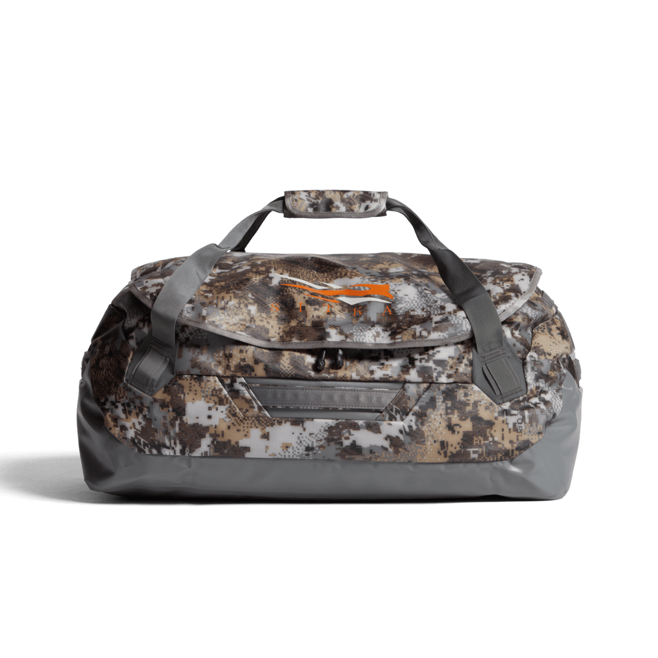 Sac de sport à motif camouflage numérique dans les tons marron, gris et beige, avec des poignées grises, un logo animal orange sur le rabat, et un design robuste et structuré.