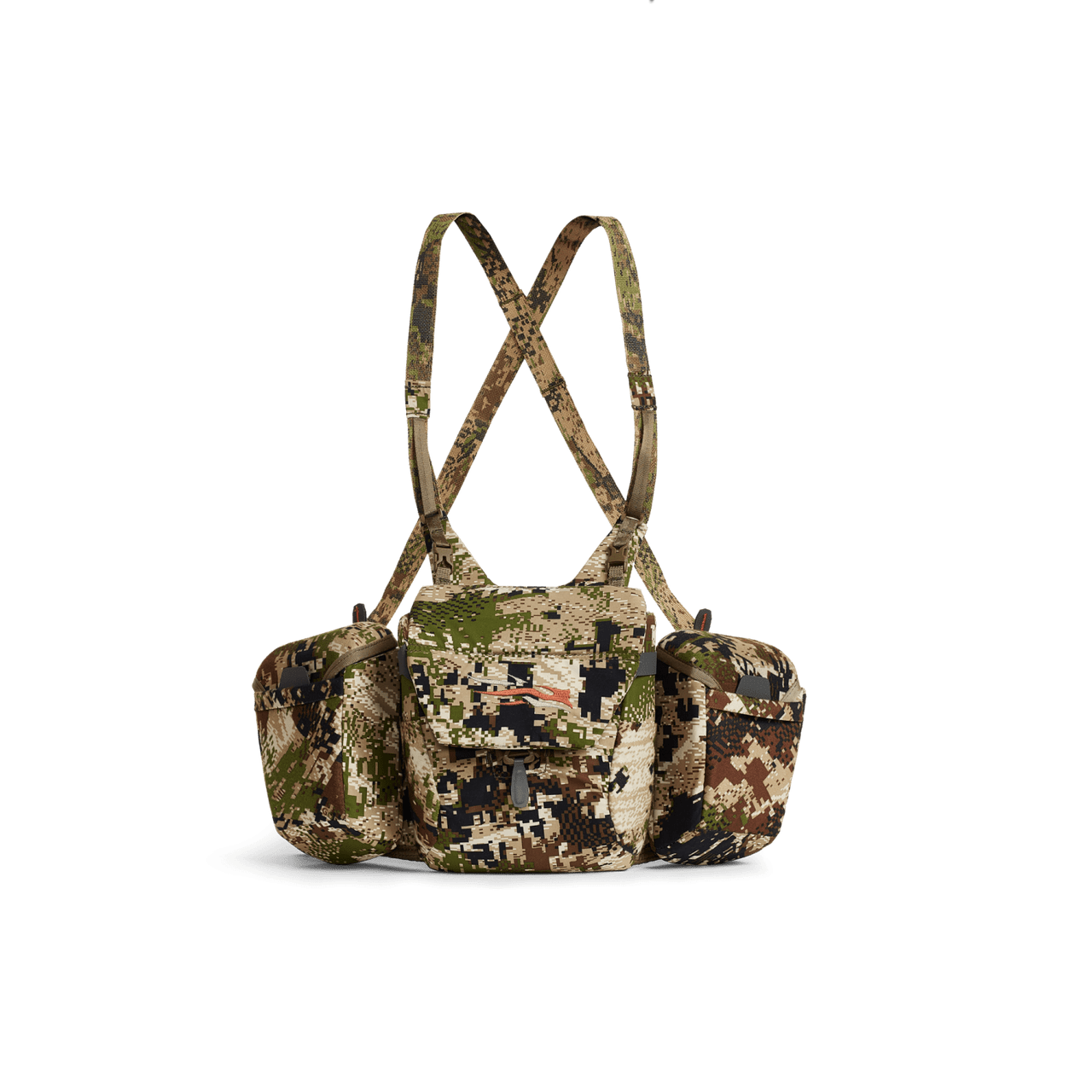 Ce harnais d'optique de montagne structuré présente un imprimé camouflage numérique et une magnifique perlerie. Doté d'une base solide et de deux bretelles croisées, il est présenté sur un fond noir.