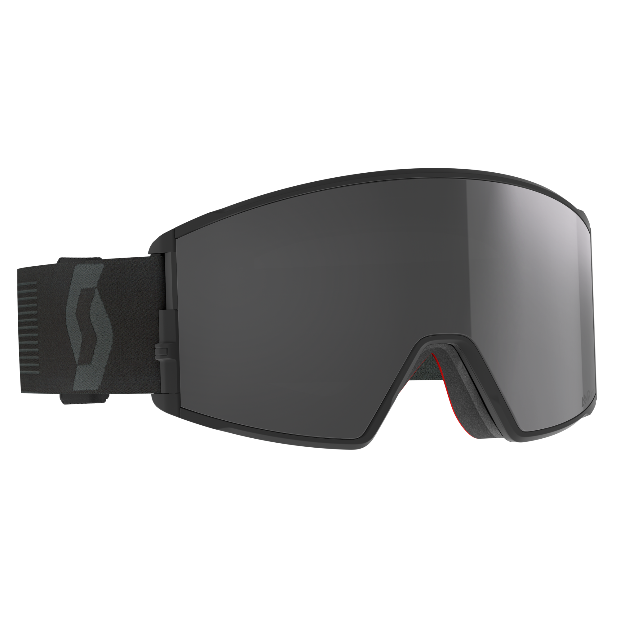 Un masque de ski noir avec un verre réfléchissant et une sangle réglable ornée d'un logo minimaliste. Le verre est légèrement teinté et la sangle présente un design simple.