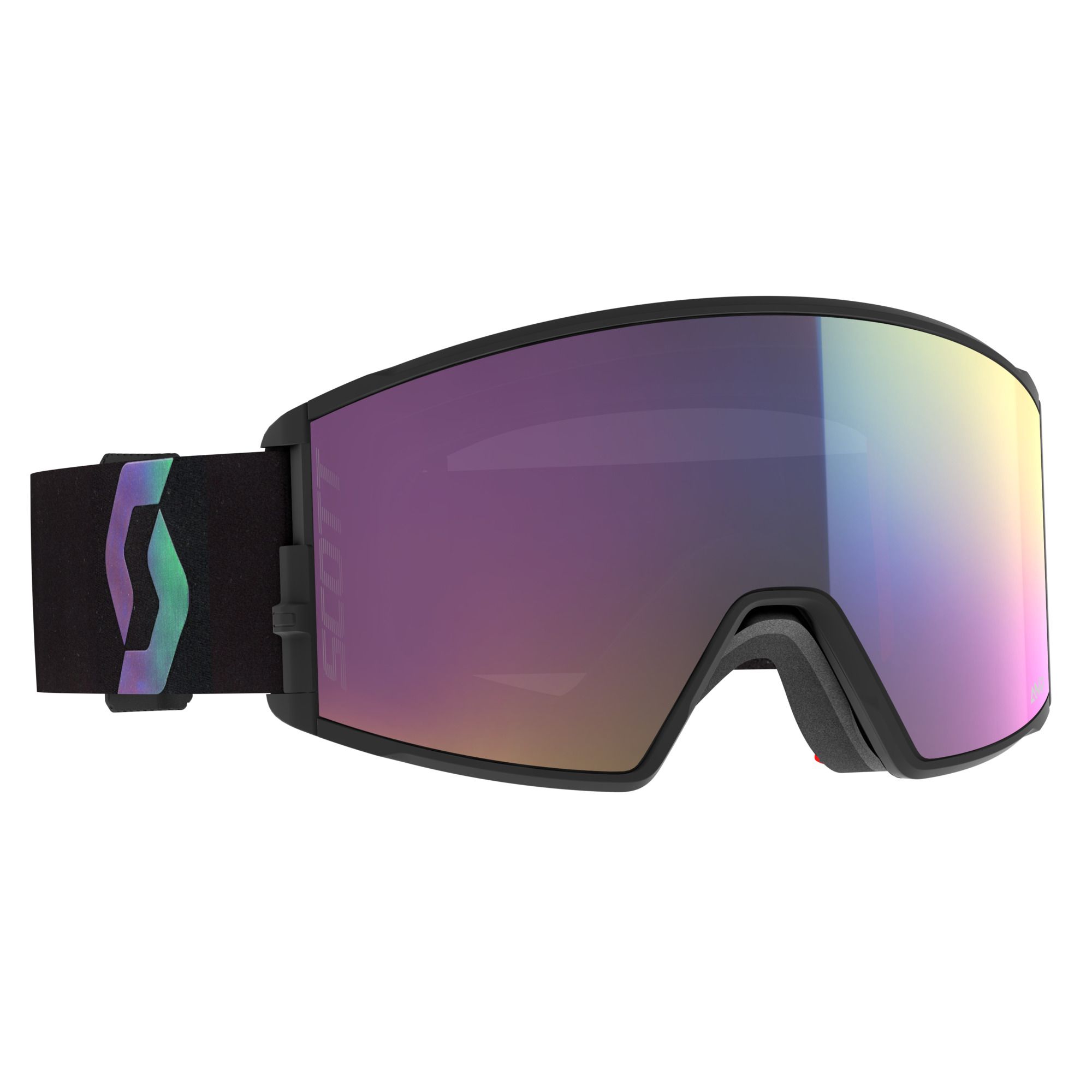 Une paire de lunettes de ski élégantes et modernes avec une monture noire et des verres réfléchissants irisés, dotées d'une sangle noire réglable avec un logo discret. Les verres affichent un dégradé de couleurs comprenant du violet, du jaune et du bleu.