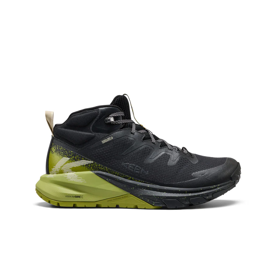 La TARGHEE APEX MID WP est une chaussure de trail running noire et verte, dotée d'une tige haute, d'une tige noire et d'une semelle rembourrée vert vif ; elle est représentée sur un fond blanc, tournée vers la gauche.