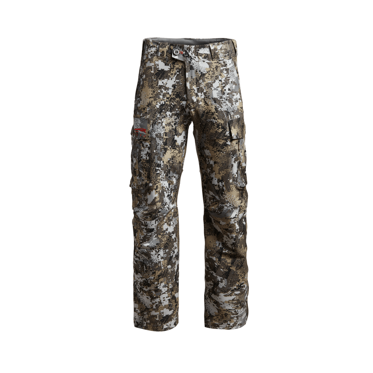 Une paire de PANTALONS EQUINOX avec des motifs marron, beige et vert, affichés sur un fond vert. Les pantalons disposent de plusieurs poches et d'une étiquette de logo visible.