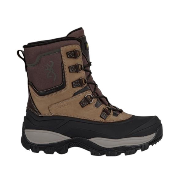 La HOM BLIZZARD est une chaussure de randonnée imperméable de couleur marron et beige, dotée d'une semelle en caoutchouc noire, de lacets foncés et d'œillets métalliques, présentée de profil sur un fond blanc.