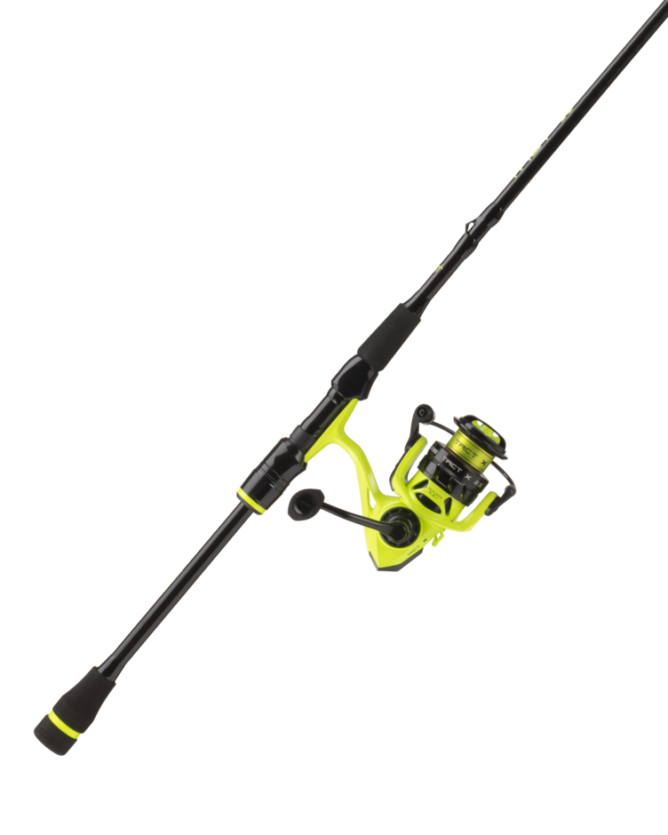 L'ENSEMBLE CANNE MOULINET SPINNING 13 FISHING TACT X 6'6" 2 PIÈCES, au design épuré noir et jaune fluo, est présenté avec son moulinet spinning assorti sur un fond blanc.