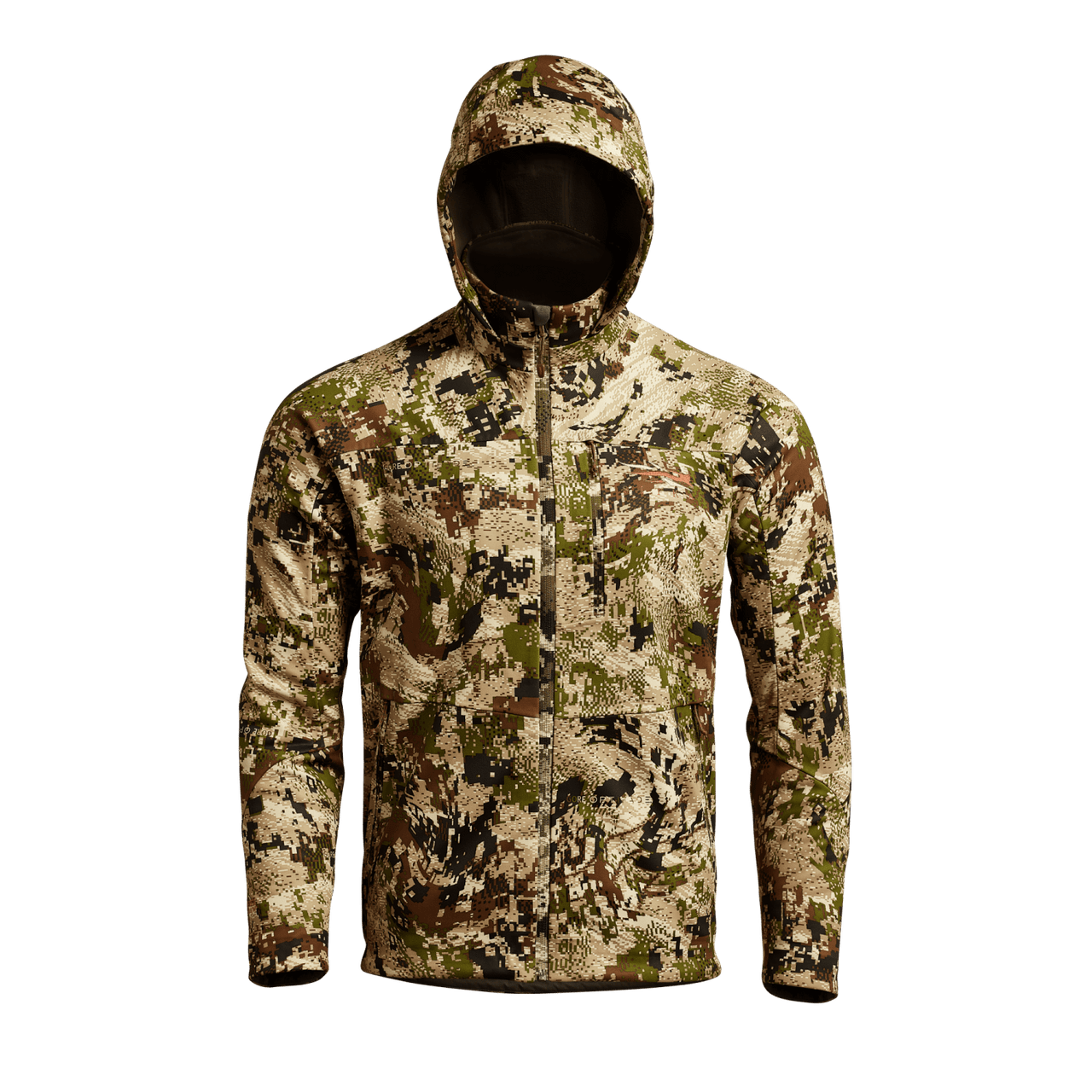 Une veste Jetstream avec une capuche, présentant un design pixelisé dans des tons de vert, marron et beige.