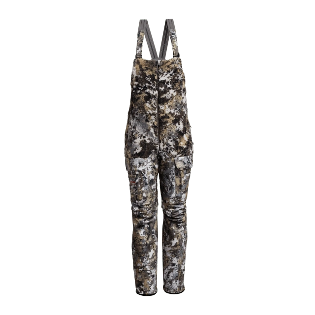SALOPETTE DE CHASSE SITKA FANATIC POUR FEMME : salopette de chasse à imprimé camouflage avec bretelles grises réglables.