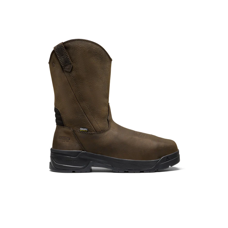 La botte de travail imperméable KEEN Utility Flatland pour homme est dotée d'une tige haute, d'une semelle noire, d'une protection métatarsienne interne (approuvée par l'ACNOR) et de tirettes. Elle est montrée de profil sur fond blanc.