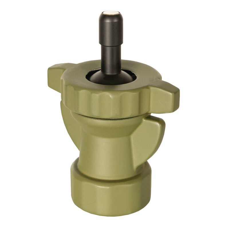 Gros plan d'une petite pièce mécanique de couleur vert olive, surmontée d'une tige cylindrique en métal noir et de deux extensions latérales en forme d'ailes, qui pourrait faire partie d'un outil ou d'un dispositif.