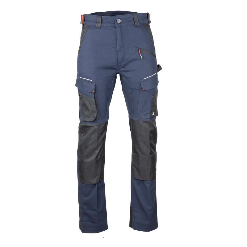 Pantalon de travail bleu et noir avec plusieurs poches, genoux renforcés et fermetures éclair rouges, conçu pour allier durabilité et fonctionnalité. Il est présenté sur fond blanc.