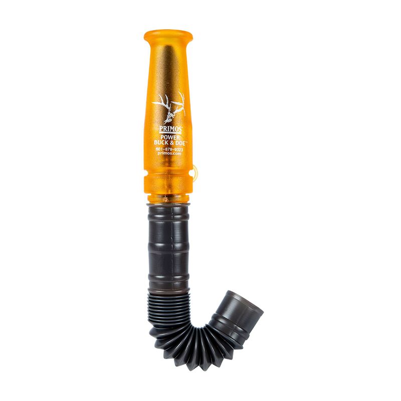 Appel à chevreuil de chasse Primos orange et noir avec un tube flexible en accordéon et un logo de bois imprimé sur la partie supérieure.