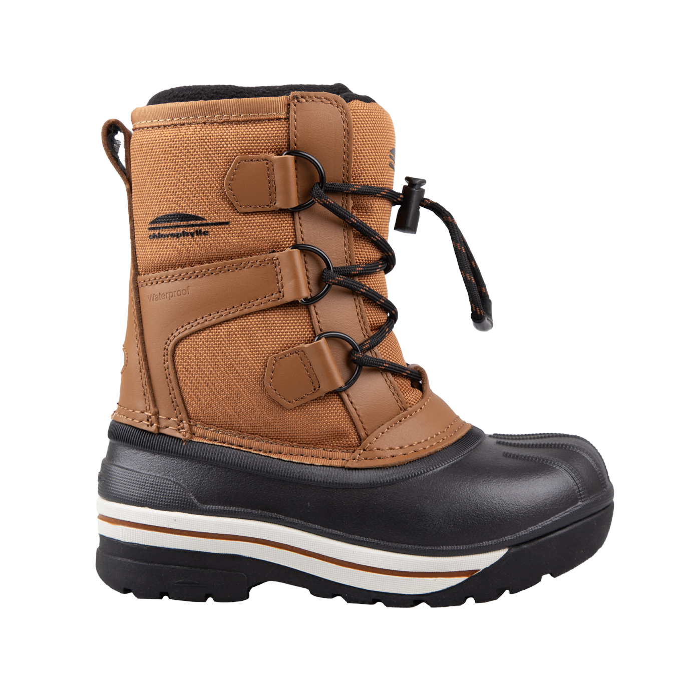 Une botte d'hiver marron et noire avec une semelle en caoutchouc, une tige imperméable et une fermeture à lacets sur le devant. La botte a un design robuste avec des œillets métalliques et des semelles épaisses pour une meilleure traction.