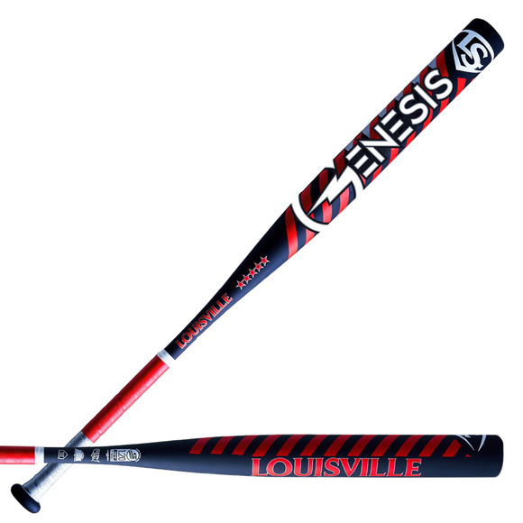 Deux battes « BÂTE DE BALLE MOLLE LOUISVILLE SLUGGER GENESIS 2 PIÈCES BAL USSSA SPLT » de couleur noire et rouge sont présentées : l'une est posée à la verticale et l'autre à l'horizontale ; toutes deux arborent des motifs graphiques saisissants et des logos bien visibles sur le fût.