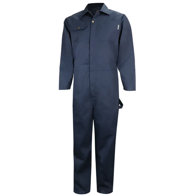 Le COUVRE-TOUT ZIP est une combinaison bleu marine à manches longues, col, fermeture à glissière sur le devant et deux poches sur la poitrine, présentée sur un mannequin sans caractéristiques sur fond blanc.