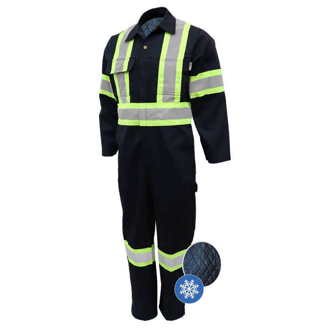 Le vêtement de travail COUVRE-TOUT HAUTE VISIBILITÉ 4" DOUBLÉ GATTS est une combinaison isolée de couleur marine avec des bandes réfléchissantes jaunes à haute visibilité, une doublure matelassée et une icône de flocon de neige pour les températures froides.