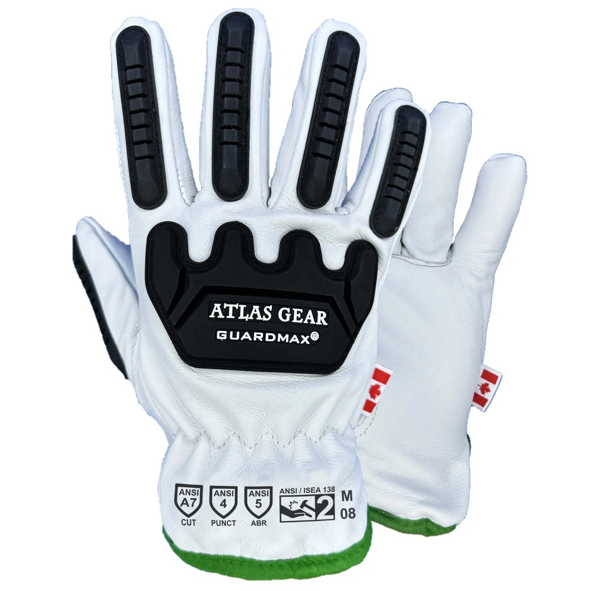 Une paire de gants de travail blancs Atlas Gear Guardmax avec un rembourrage de protection noir à l'arrière, des indices de sécurité ANSI sur les poignets et une bordure verte au poignet.