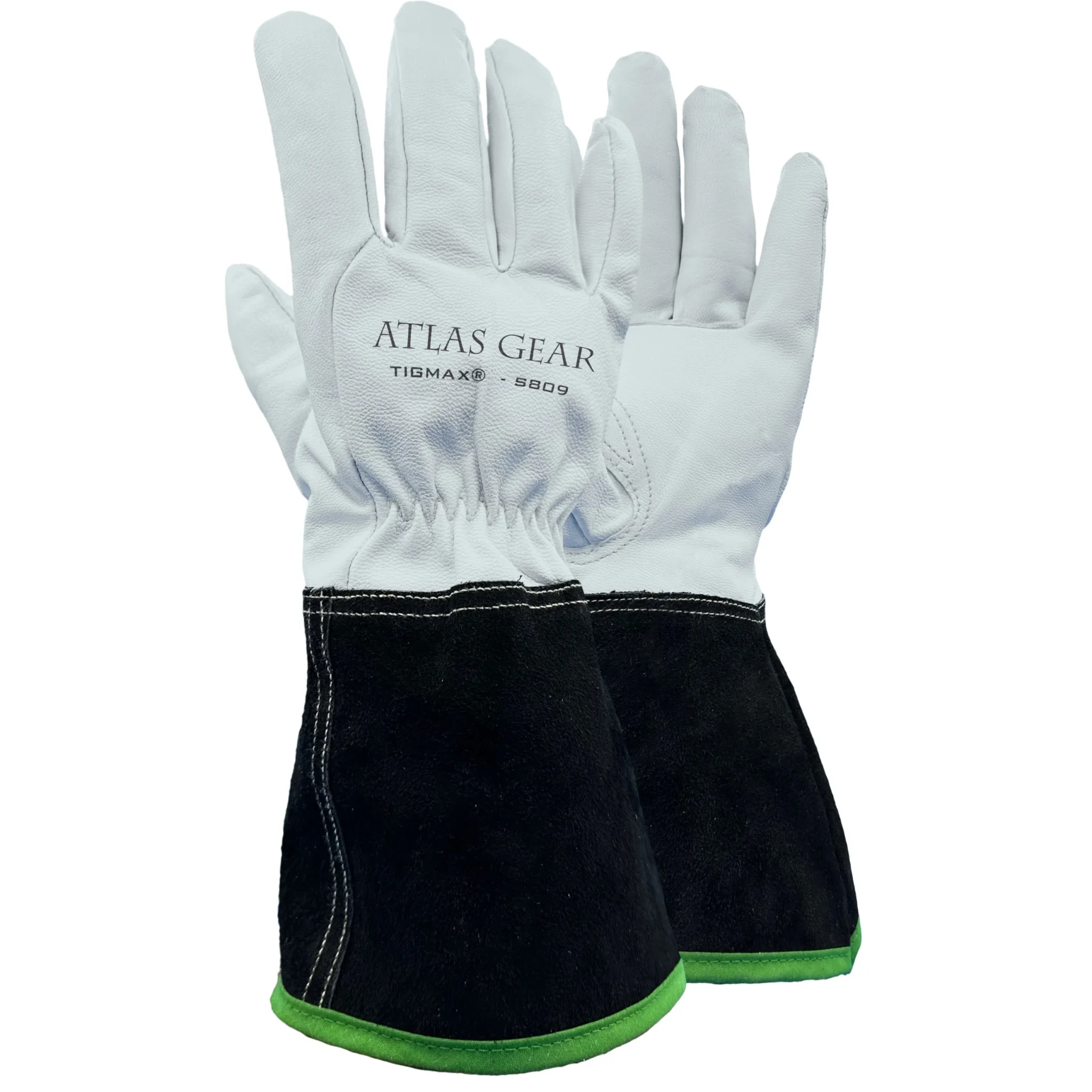 Paire de gants de travail TIGMAX GANTS SOUDEUR CUIR avec dessus en cuir blanc, parties inférieures noires, bordures vertes sur les poignets, et "ATLAS GEAR TIGMAX 5809" imprimé sur le dos.