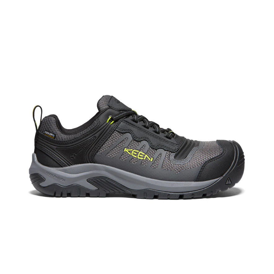 Chaussure de sport noire et grise avec une semelle robuste, un logo KEEN jaune, une tige en maille et un bout renforcé, conçue pour une utilisation en extérieur ou sur sentier.