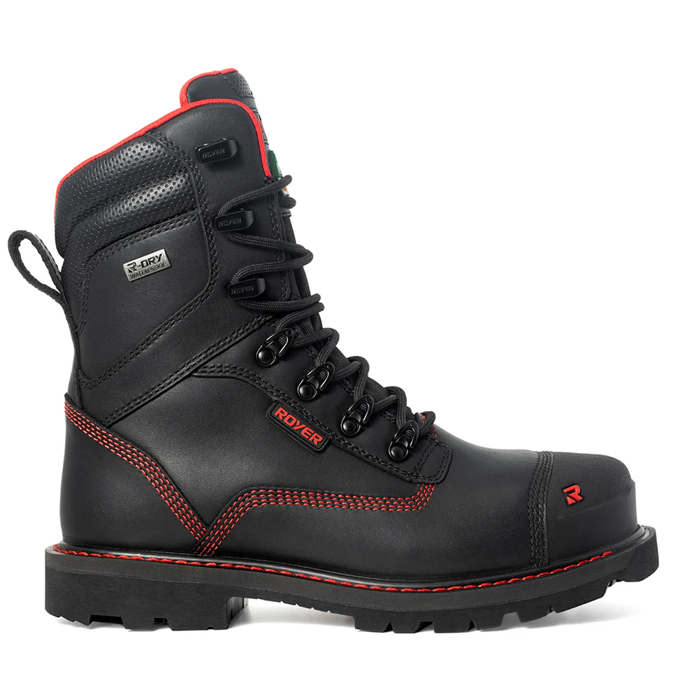 La botte de sécurité ROYER 8" REVOLT VIBRAM MEGAGRIP PRO POUR HOMME est une botte de travail noire dotée de surpiqûres rouges, de détails rouges et verts, ainsi que du logo « ROVER » sur le côté. Elle est dotée d'œillets métalliques, de lacets noirs, d'une semelle épaisse et robuste, ainsi que d'une boucle d'enfilage à l'arrière pour faciliter l'enfilage.