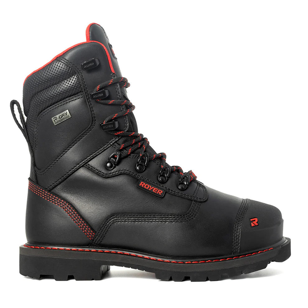 Découvrez la BOTTE DE TRAVAIL 8" ROYER REVOLT CSA VIBRAM MEGAGRIP PRO : une botte de travail en cuir noir de 8 pouces, dotée de surpiqûres rouges saisissantes, de touches de rouge vives et d'une semelle noire robuste. Ce modèle à tige haute est doté d'œillets métalliques, de lacets résistants rouges et noirs, d'un logo bien visible sur le côté et d'un bout renforcé pour une protection accrue.