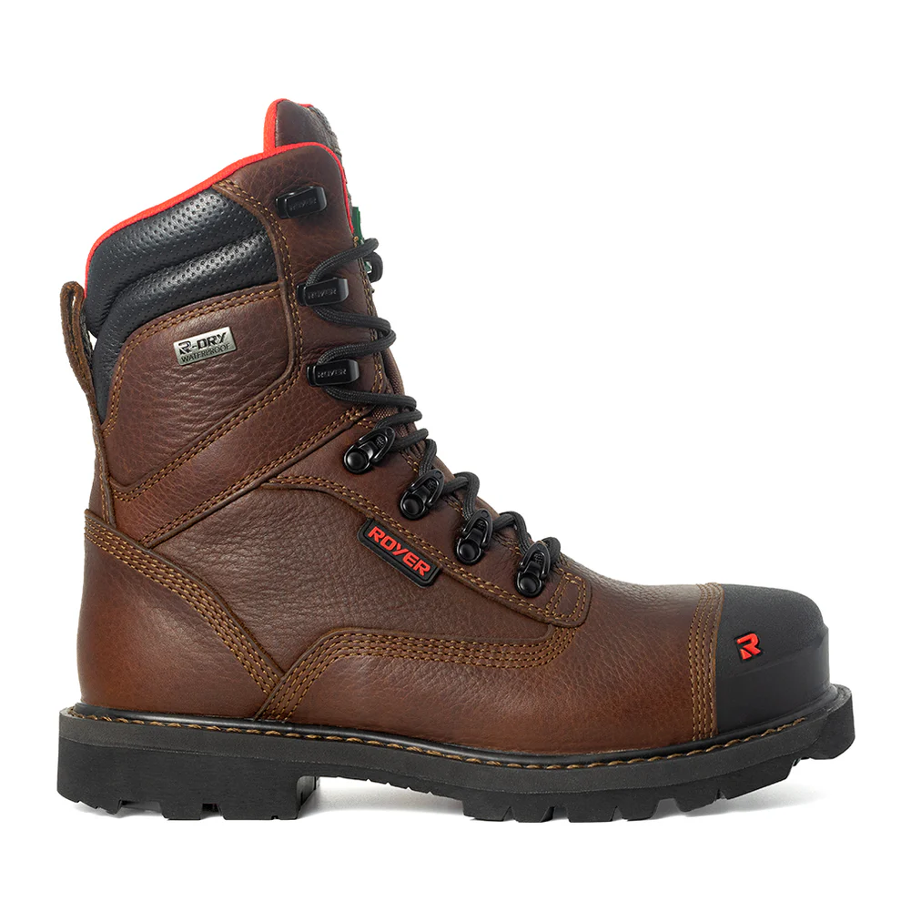 Voici une version révisée à partir des données de votre produit : La BOTTE 8" REVOLT MEGAGRIP PRO R-DRY est une botte de travail en cuir marron dotée d'une semelle noire, de lacets noirs et de détails rouges. Elle est dotée d'un renfort de protection au niveau des orteils, d'œillets métalliques, de surpiqûres apparentes et arbore le nom de la marque « ROVER » sur le côté et sur la languette.