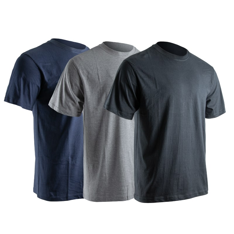 Trois t-shirts unis à manches courtes bleu marine, gris clair et noir, présentés sur un mannequin invisible sur fond blanc.