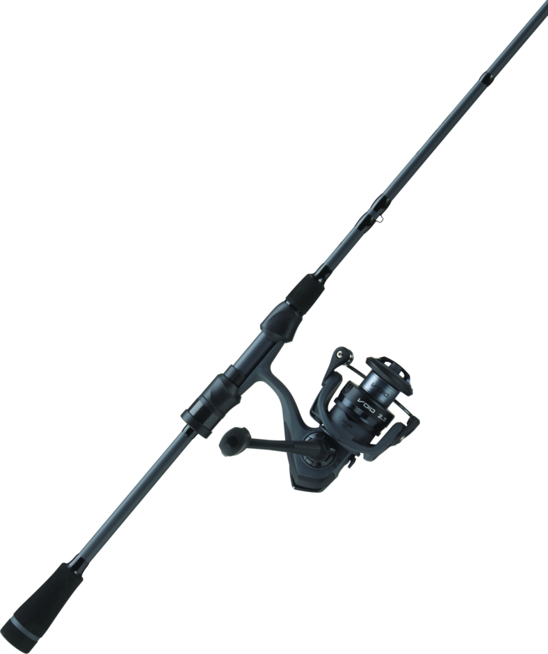 Une canne à pêche VOID FW SPIN COMBO 66M 2PC (moulinet 2500) de couleur noire et argentée, équipée d'un moulinet à lancer, présentée en diagonale sur un fond blanc uni.