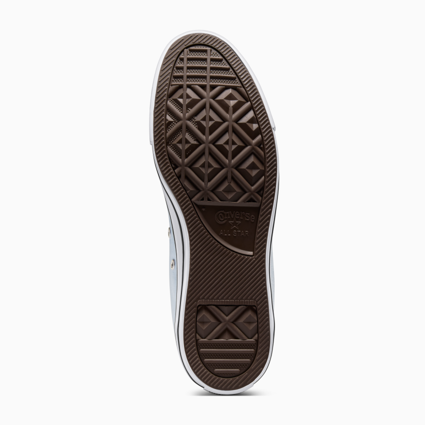 L'image montre la semelle d'une Converse All Star, dotée d'une semelle extérieure en caoutchouc marron à motifs géométriques et du logo Converse embossé au centre. La chaussure est positionnée verticalement, le talon en haut.