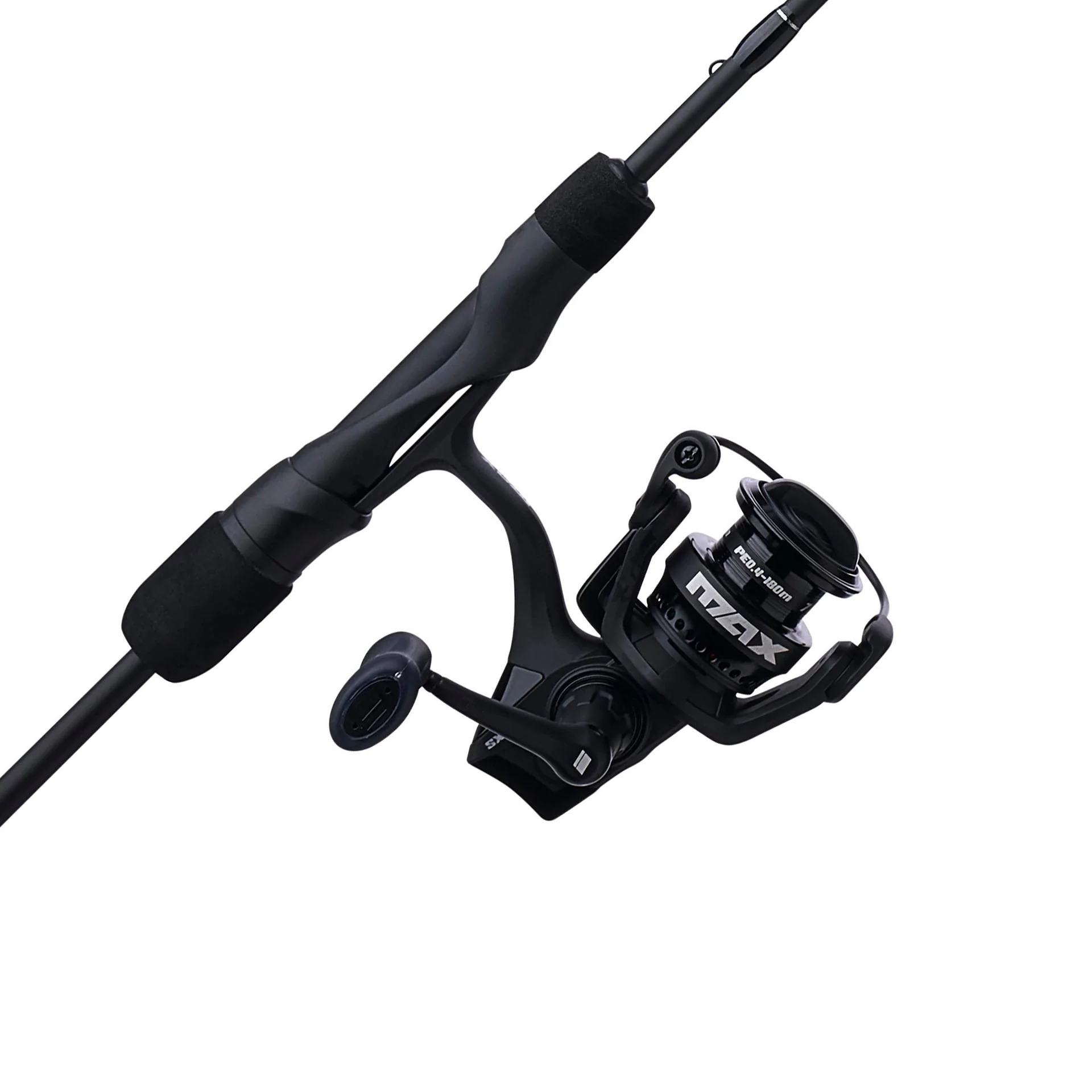 Gros plan sur la canne à pêche MAX SX SPINNING COMBO 7' 2PC MEDIUM HEAV de couleur noire, équipée d'un moulinet à tambour dont la poignée et la bobine portent la mention « RITZAK », photographiée sur fond blanc.
