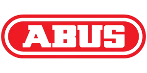 Logo ABUS rouge et blanc, composé de lettres majuscules blanches en gras, à l'intérieur d'un cadre rectangulaire arrondi de couleur rouge.